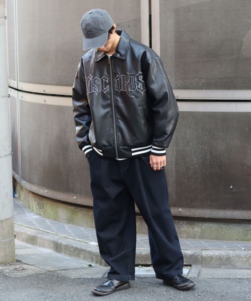 スタジャン フロントロゴ刺繍フェイクレザースタジャン メンズ