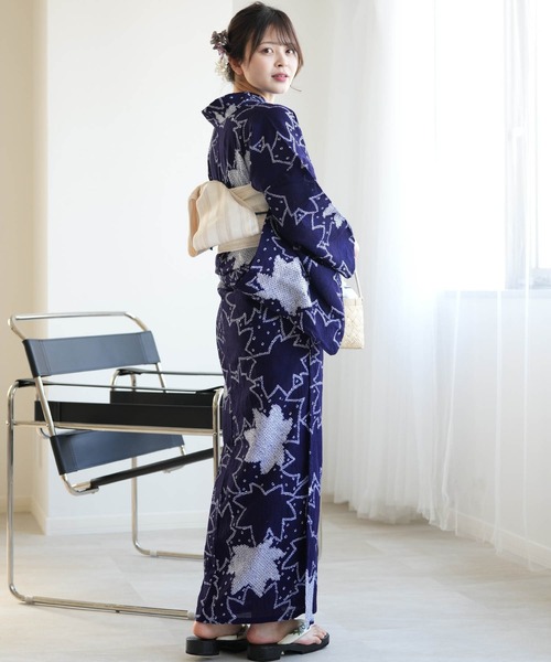 utatane 浴衣 有松絞り浴衣3点セット 藍色にアイビー レディース