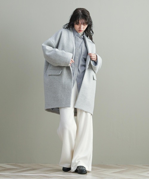 The rejoice コート アウター ウール混カラーレスコート レディース
