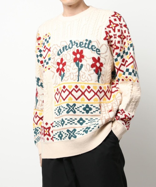 セーター ニット 「HOOK」パッチワーク模様ニットプルオーバー メンズ