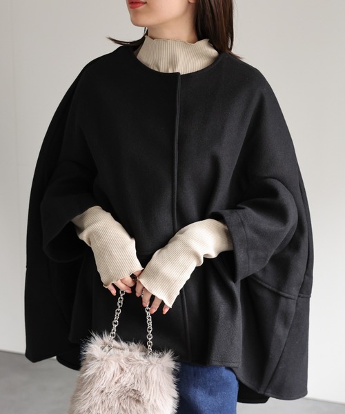 sakishimatokyo ポンチョ フェイクウール ノーカラーケープコート