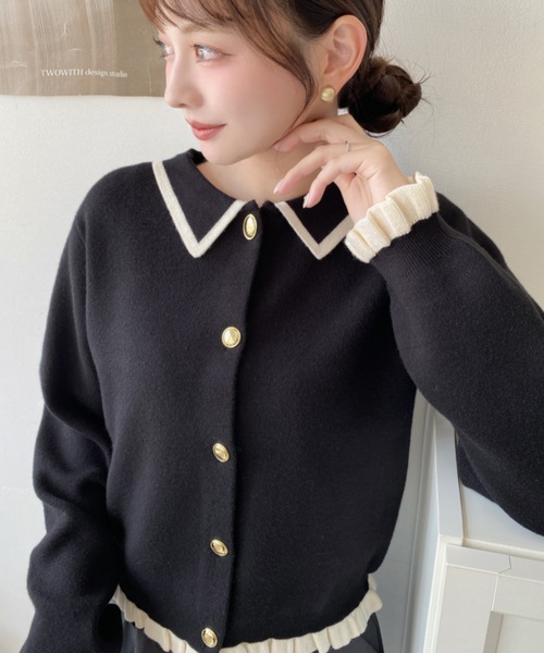 moment+ カーディガン えり付き配色フリルカーディガン レディース