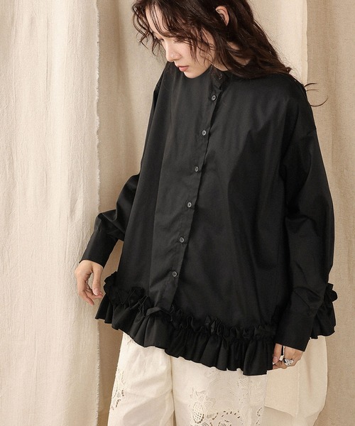en CAnAF ブラウス シャツ ブロード裾 フリル ブラウス バンドカラー