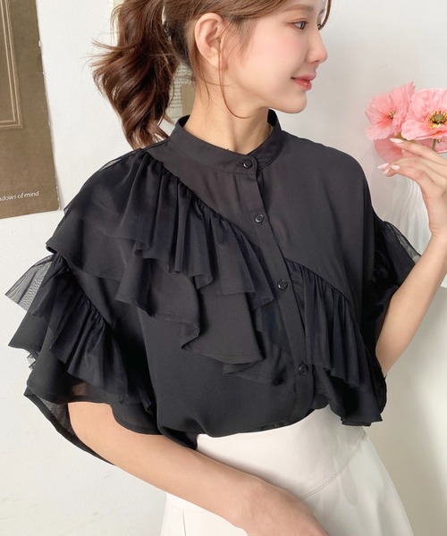 moment+ ブラウス シャツ シフォンジョーゼット半袖ダブルフリル