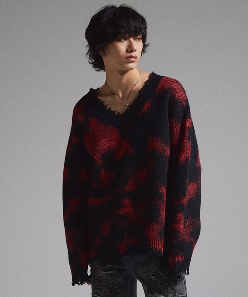 GRANCY セーター ニット 「GRANCY」Spray Damaged V-neck Wool Knit