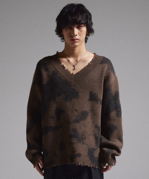 GRANCY セーター ニット 「GRANCY」Spray Damaged V-neck Wool Knit