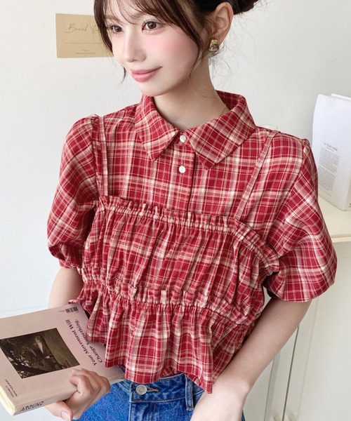moment+ ブラウス シャツ フリルビスチェセット半袖チェックシャツ