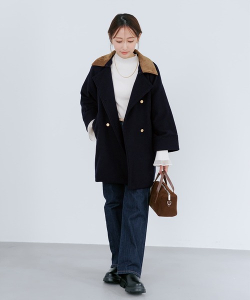 コート アウター 2wayカラーゴールドボタンミドルコート 「低身長