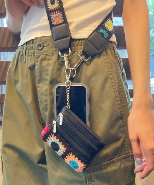 クロシェ編み ポーチ付き ショルダーストラップ スマホストラップ