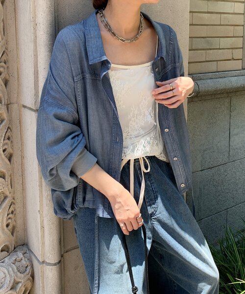 DouDou（ドゥドゥ） ブラウス シャツ 袖リブシアーデニムドロスト