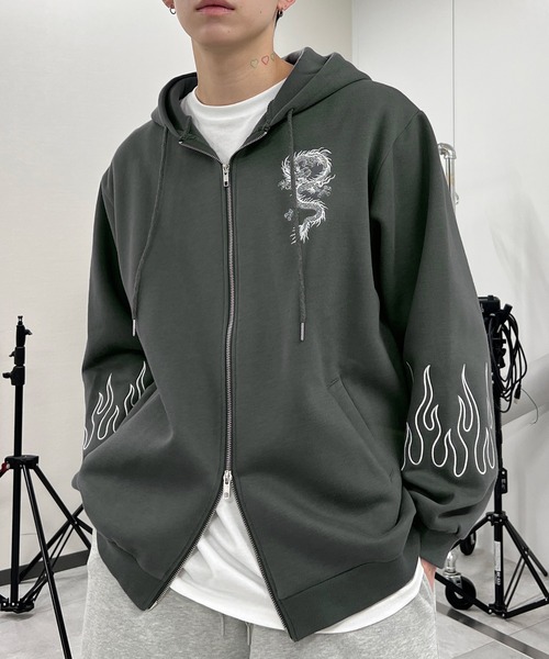 パーカー 「裏起毛」ドラゴン刺繍ビッグZIPパーカー レディース メンズ