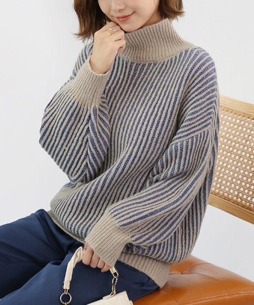 ニット セーター ストライプ柄ハイネックセーター レディース