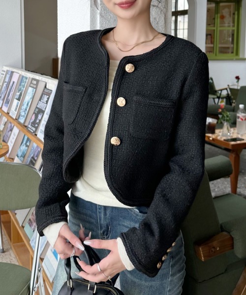 Ada. ジャケット ノーカラージャケット パイピング ツイード ライク 金