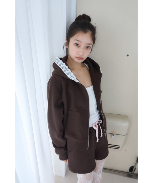 Smyeon パーカー Compact lace zip hoodie / レース付きコンパクト