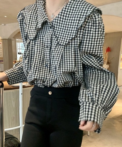 ブラウス シャツ 「26年春新作」スカラップビッグカラーギンガム