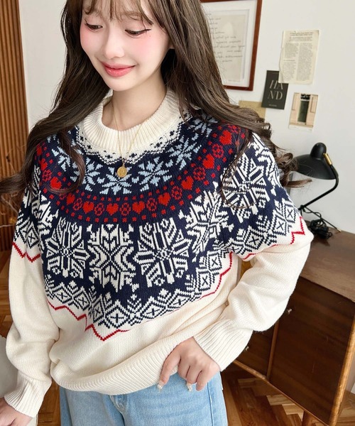 moment+ ニット セーター スノーノルディック柄求心Wジャガードニット