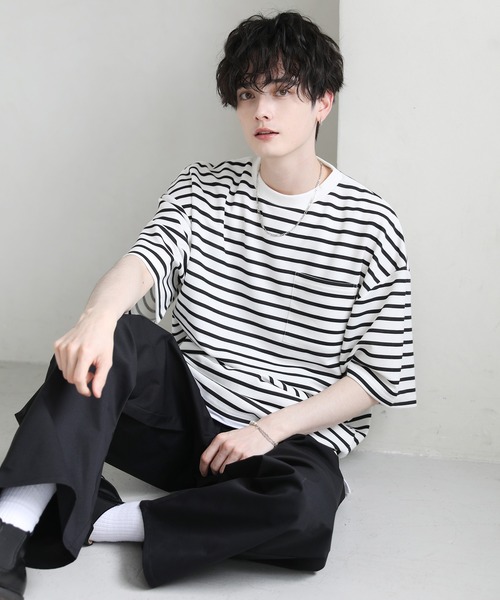 tシャツ 「2点セット」梨地ポケット付きクルービッグTシャツ＆ロング