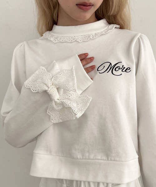 MORE self LOVE トレーナー スウェット 袖リボンフリルロゴスウェット