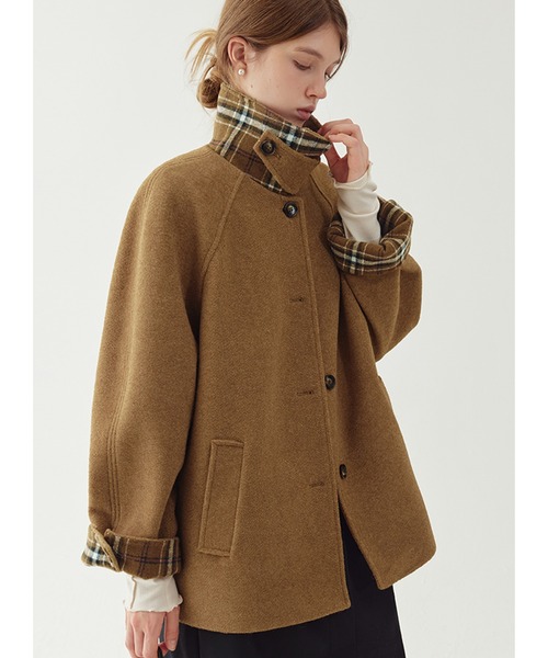 コート アウター チェック柄 スタンドネック ハーフコート FD24W275