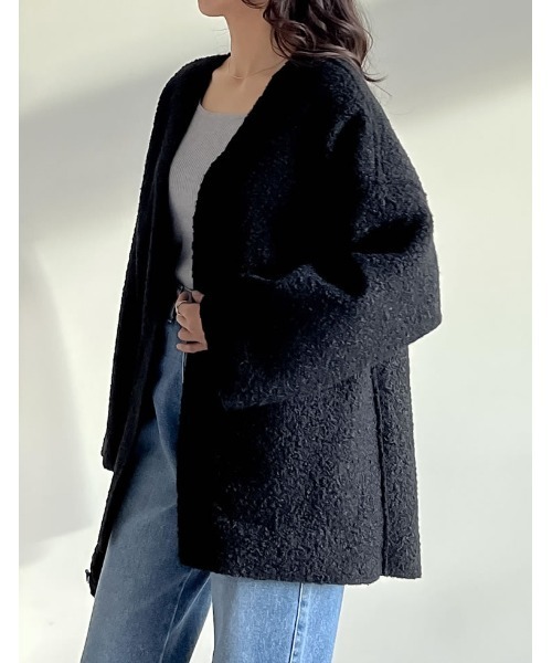 マーレンダム ハーフリバーコート ノーカラー ウール ボアポケット 黒