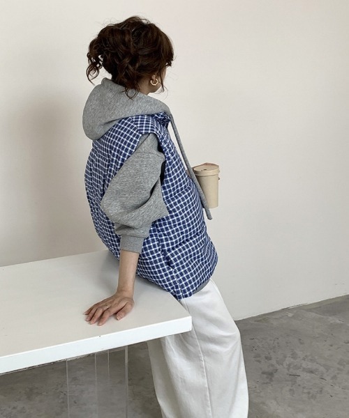 ダウンベスト ベスト チェック柄 スタンドカラー エコダウンベスト