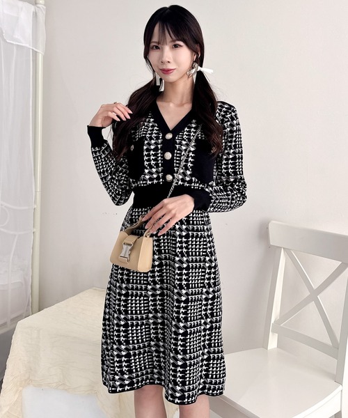 Mejoul ワンピース 千鳥柄 ウエスト切替 ニットミニワンピース