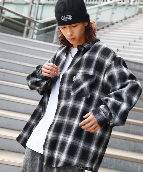 シャツ ヴィンテージ加工 オンブレチェック長袖ラウンドカットショート