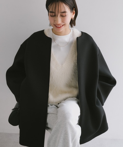 evernavy ノーカラーコート コート ダンボール ミドル コート