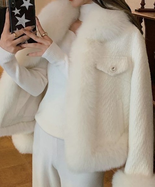 deux amour コート アウター ファー付きツイードコート レディース