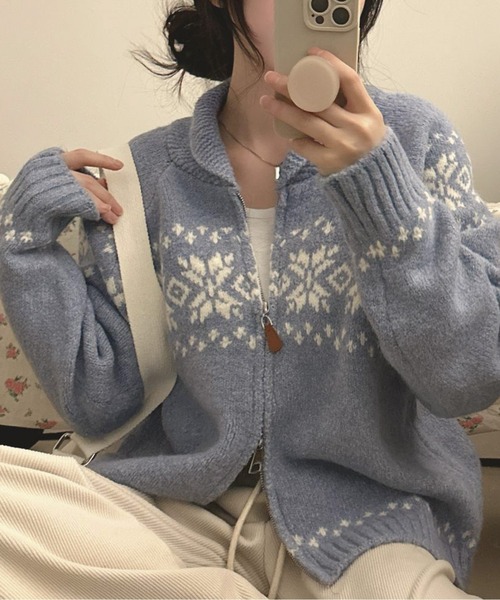 カーディガン ノルディック柄ジップアップニットカーディガン