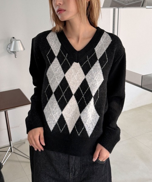 4INT. ニット セーター 「ウール混紡」アーガイル Vネック ニット