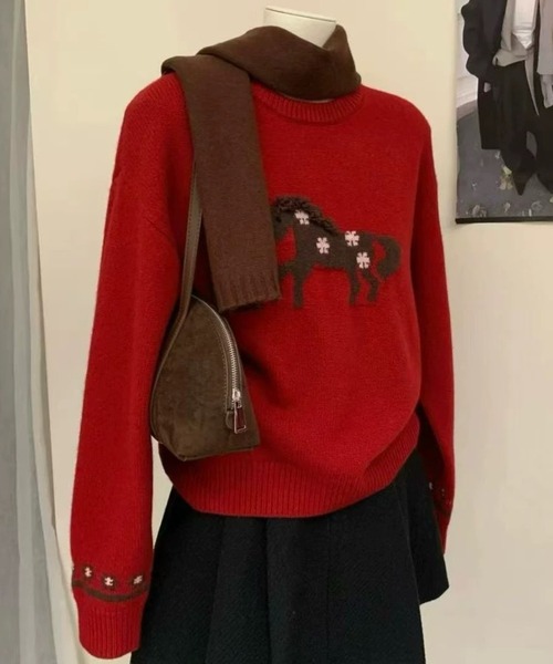 DIAVEL ニット セーター 「冬新作」ポニー柄ニット/ぽこぽこポニー刺繍
