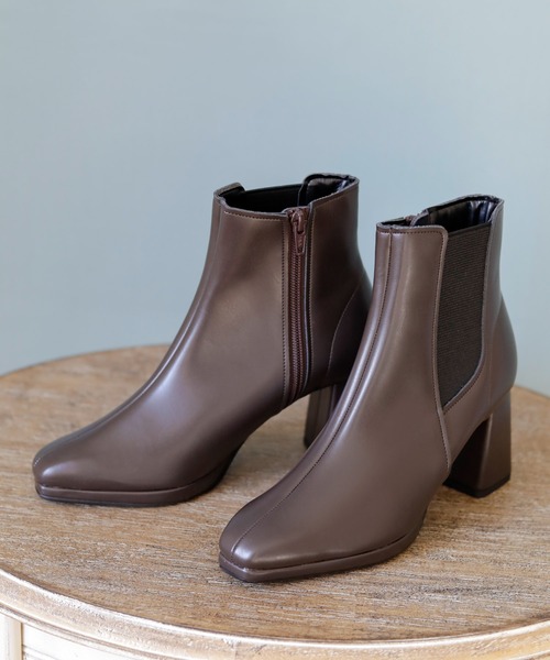 ブーツ 晴雨兼用 スクエアトゥ サイドゴア ショートブーツ「日本製