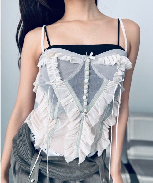 Y2K SYNAPSE FACTORY キャミソール 「シアー」フリルベージュキャミ