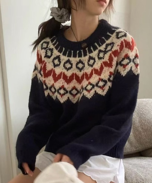 DIAVEL ニット セーター 「秋冬新作」ノルディック柄ふんわりニット