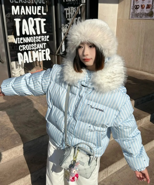 DIAVEL tシャツ ふわもこリボン柄ビッグファーダウン/Y2Kビッグファー