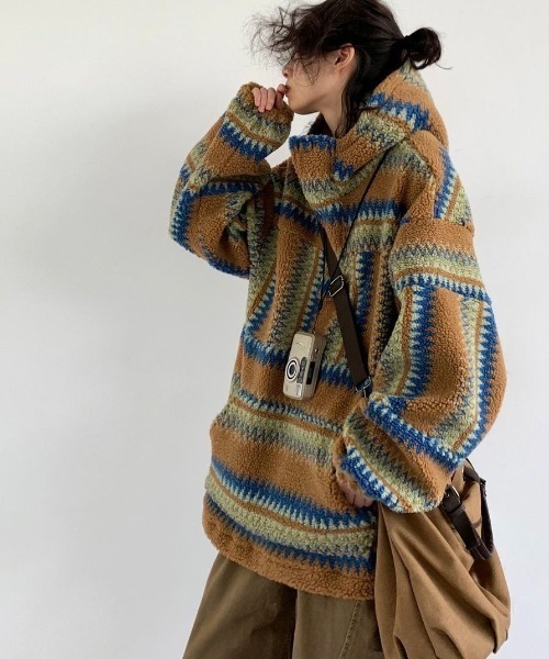 FreeZone パーカー ネイティブ柄ボアプルオーバー メンズ レディース