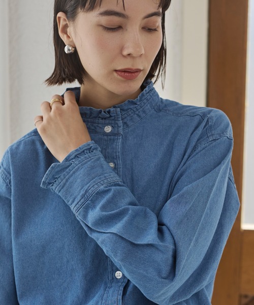 ANGIE ブラウス シャツ デニム フリルカラー シャツ レディース