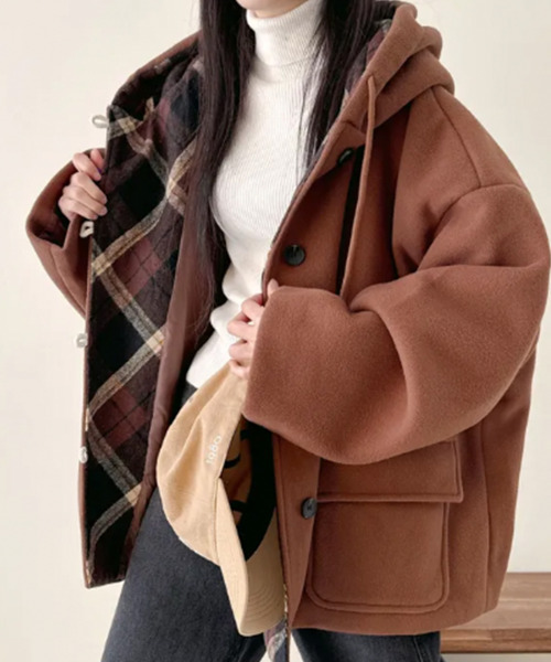 ダッフルコート コート チェック柄切替 オーバーサイズ レディース