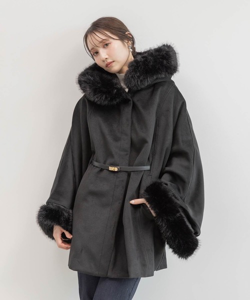 ウール コート 黒 ファー付き ウールライクファーティペット付きコート