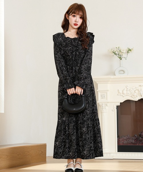 Anely ワンピース ボタニカル柄 フリル リボン ティアード ロング