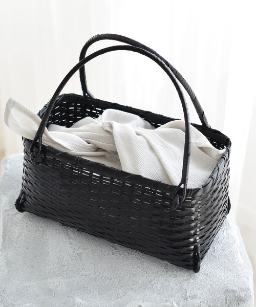 utatane かごバッグ カゴバッグ 竹かごバッグ+日本製注染生地あずま袋