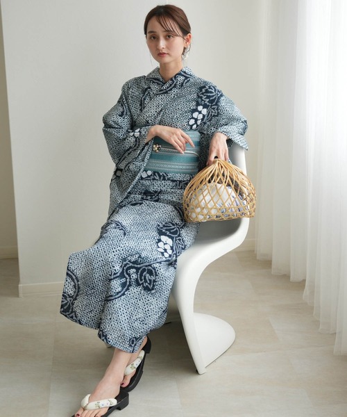 utatane 浴衣 有松絞り浴衣3点セット 鉄紺に葡萄 レディース