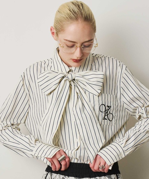 VIOLETTA（ヴィオレッタ） ブラウス シャツ ストライプ柄ボウタイ