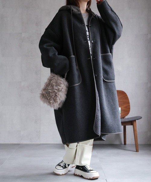 CREARE -LINO- コート アウター フェイクウールフード付きボアロング