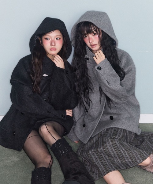 FAVORITO ピーコート pコート フード付きダブルブレストメルトン