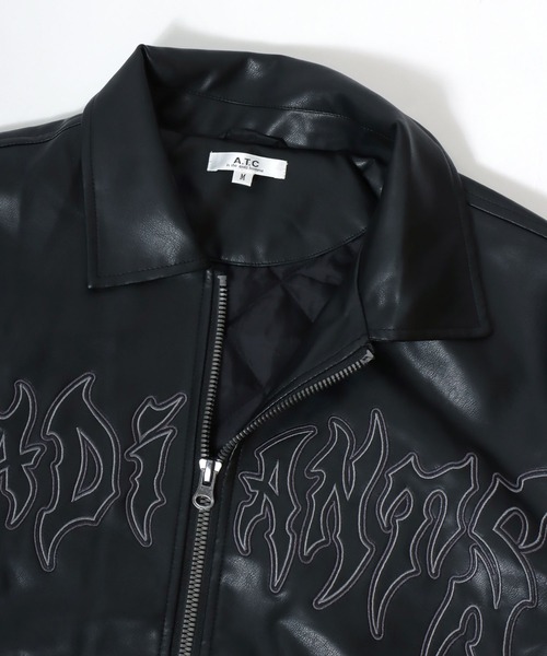 スタジャン グランジテイストなトライバルロゴ刺繍 フェイクレザー