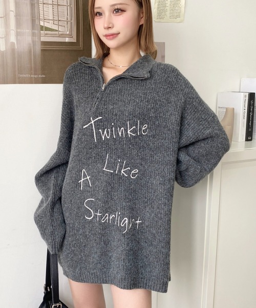 ニット セーター 6G ロゴ刺繍ハーフジップニットプルオーバー