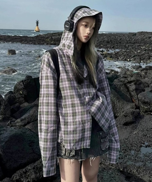 ViViDAY ブラウス シャツ ラインストーン＆チェック柄ビッグシルエット