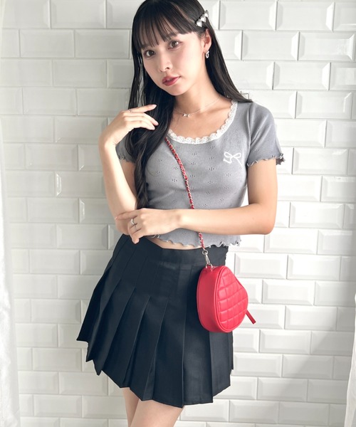 Loueme tシャツ リボン刺繍レーストリムトップス レディース